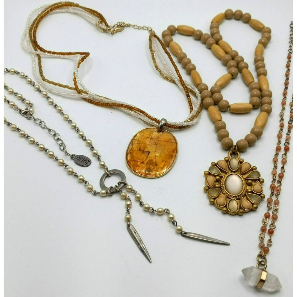 Lot of Earth Tones Boho Necklaces Beaded Pendants Crystal Wood Julio Unmarked